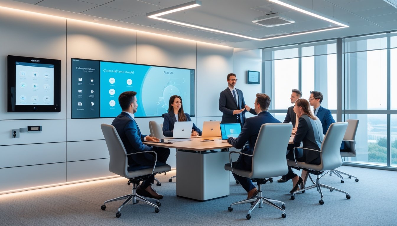 Ruang kantor modern dengan beberapa profesional sedang berdiskusi di sekitar meja konferensi yang dilengkapi dengan panel kontrol layar sentuh dan perangkat teknologi canggih.