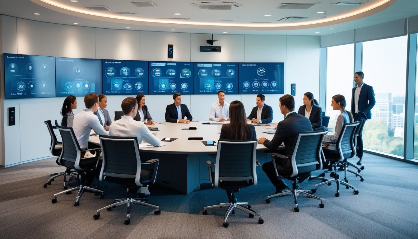 Ruang rapat modern dengan meja konferensi besar, kursi ergonomis, dan teknologi Crestron yang terintegrasi, menampilkan sekelompok profesional bisnis yang sedang berdiskusi.