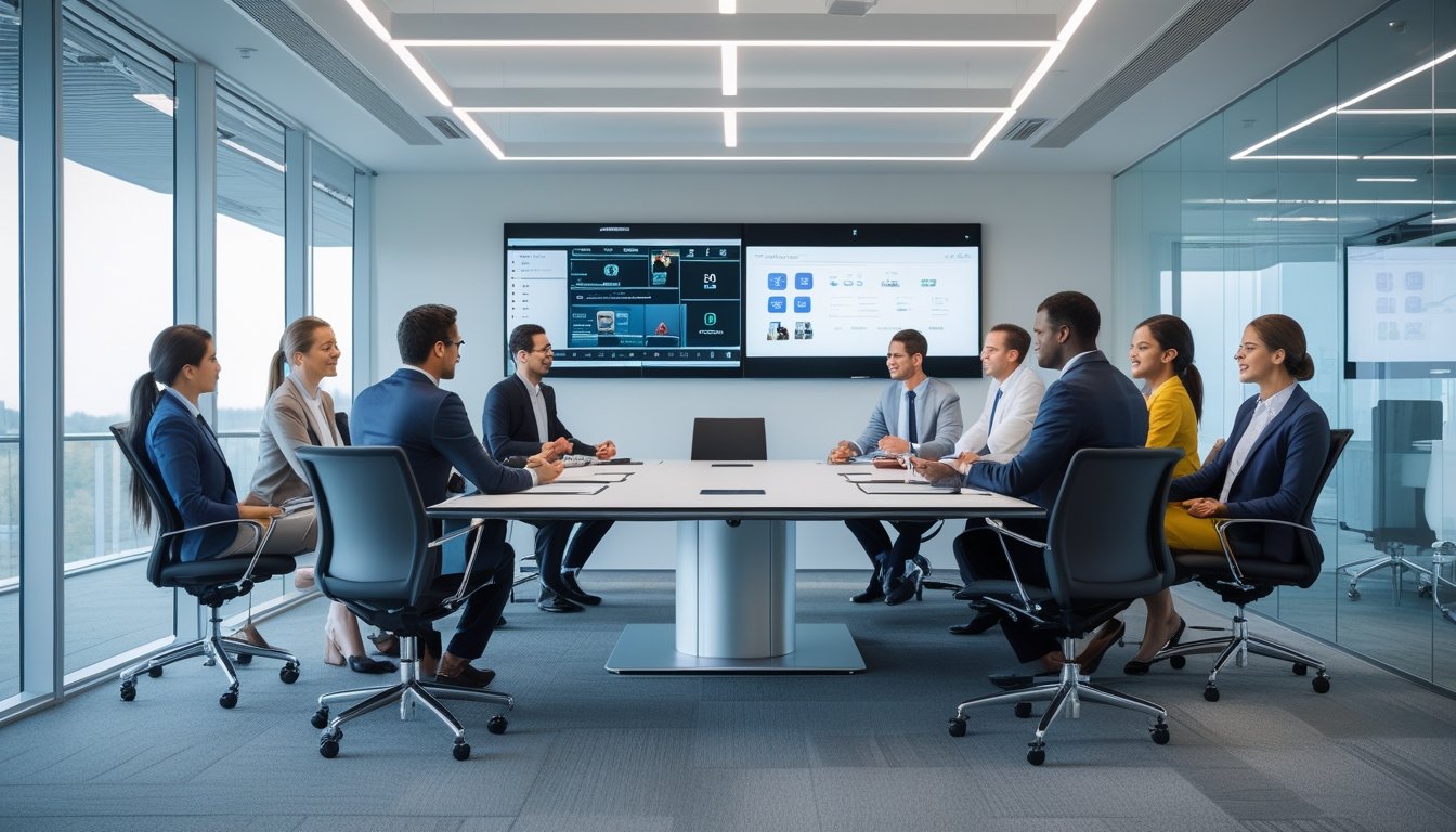 Sekelompok profesional bisnis sedang rapat di ruang konferensi modern dengan teknologi audiovisual canggih.