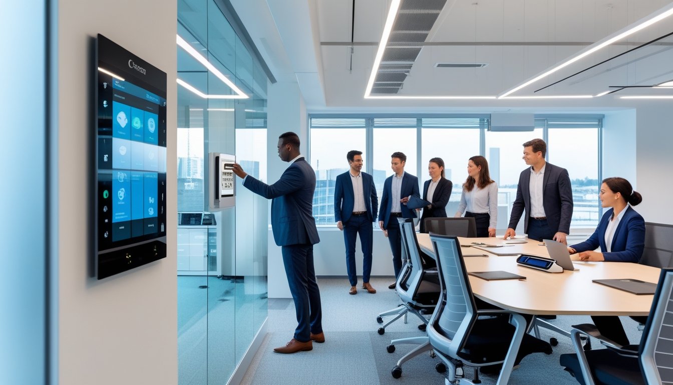 Sekelompok profesional bekerja di kantor modern dengan perangkat teknologi pintar dan panel kontrol digital.