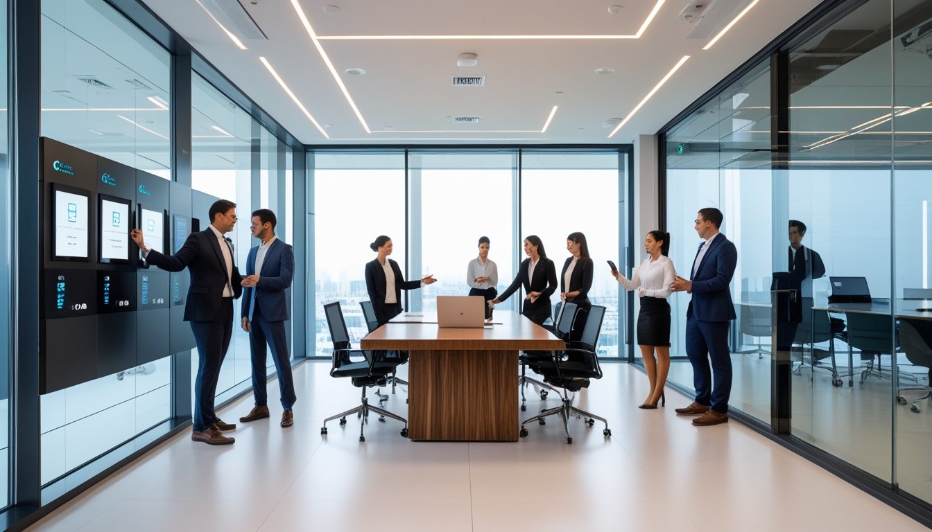 Ruang kantor modern dengan profesional yang menggunakan sistem teknologi pintar dan panel kontrol di dalam ruangan konferensi.