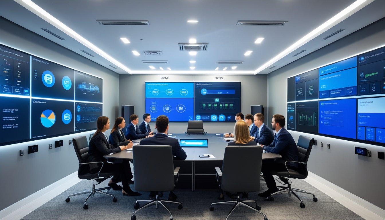 Ruang rapat modern dengan meja konferensi besar, beberapa layar tampilan data dan video konferensi, serta panel kontrol pintar, dengan profesional bisnis yang sedang berdiskusi.