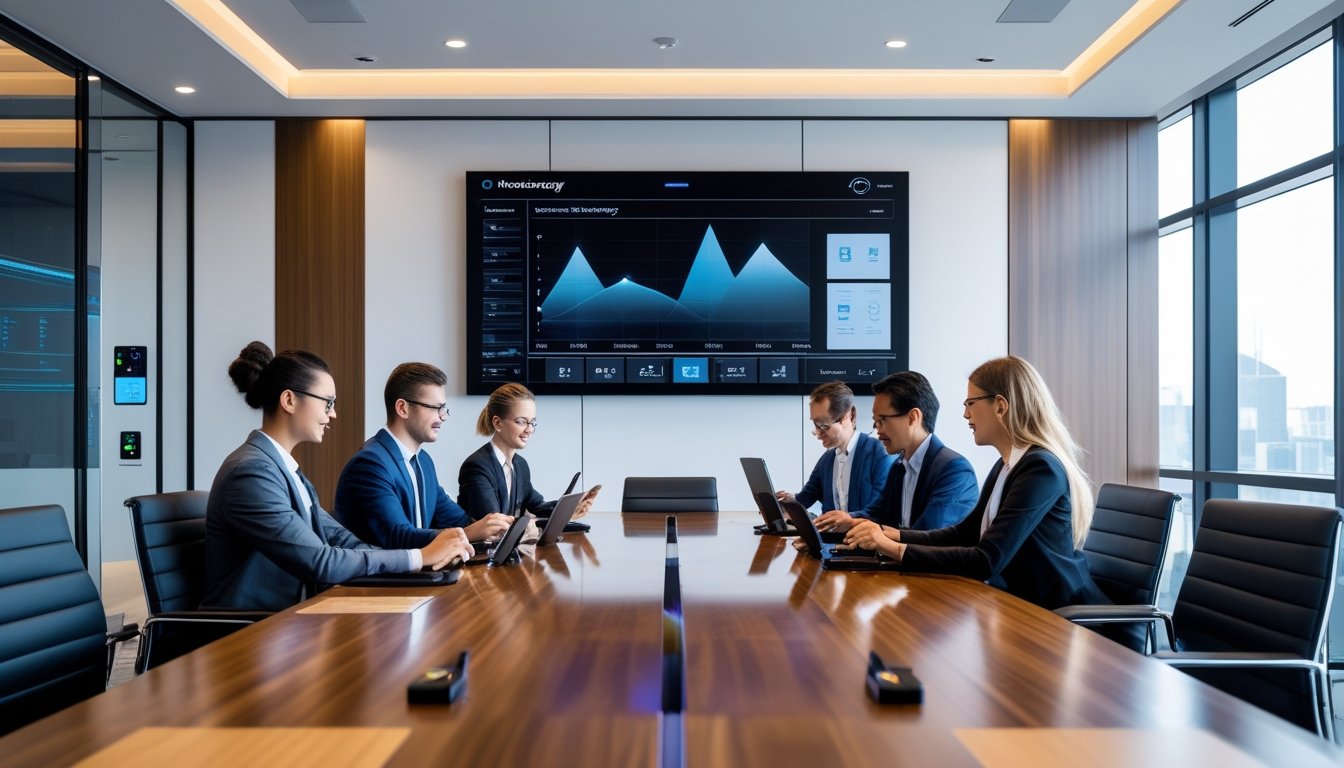 Ruang konferensi modern dengan beberapa profesional yang sedang bekerja menggunakan perangkat teknologi canggih di sekitar meja.