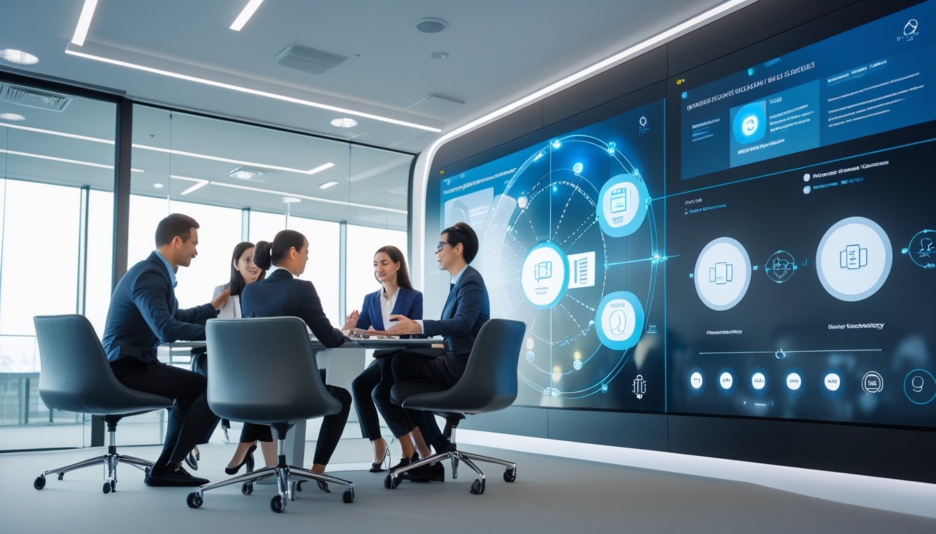 Ruang konferensi modern dengan profesional bisnis yang menggunakan peralatan audiovisual canggih dalam suasana kerja sama.