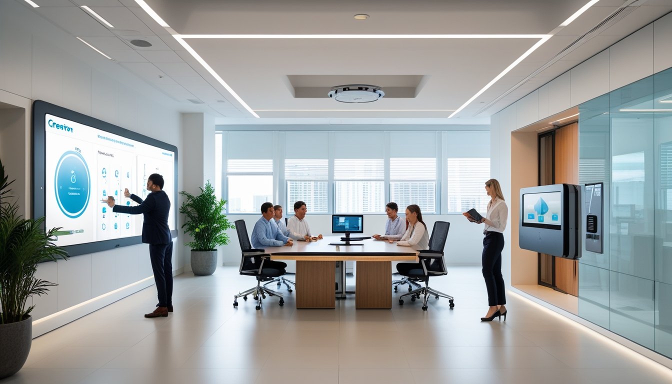 Lingkungan kantor modern dengan profesional yang menggunakan teknologi Crestron untuk mengatur pencahayaan, jadwal, dan konferensi dalam ruangan yang terang dan rapi.