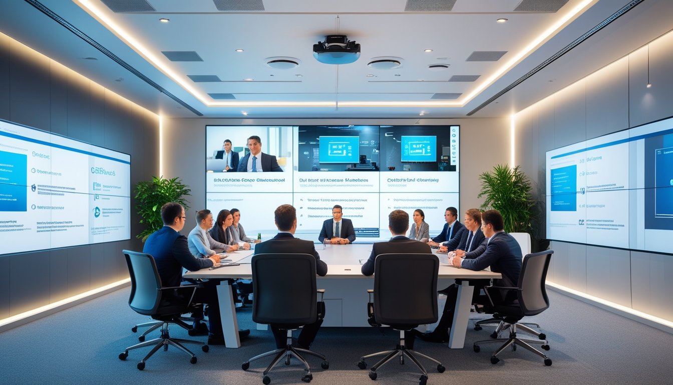 Ruang konferensi modern dengan profesional bisnis yang menggunakan teknologi audiovisual canggih untuk presentasi.