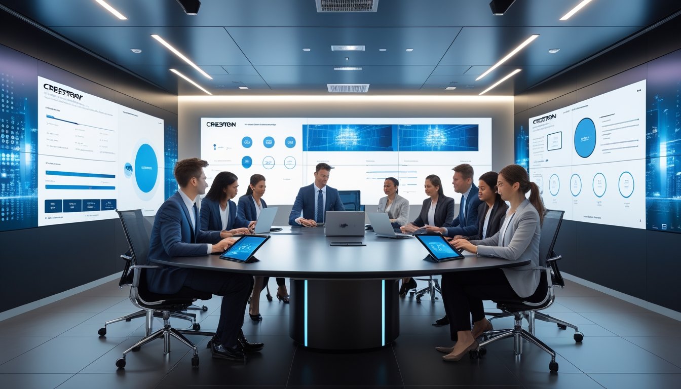 Sejumlah profesional bekerja sama di ruang rapat modern dengan perangkat teknologi canggih, menunjukkan lingkungan kerja yang efisien dan terintegrasi.