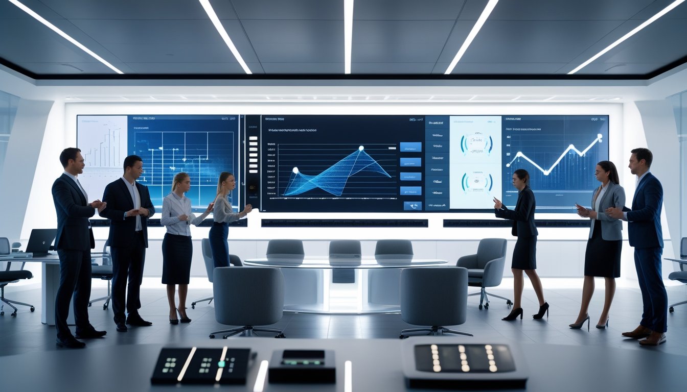 Ruang konferensi modern dengan profesional bisnis yang sedang berkolaborasi menggunakan peralatan audio visual canggih.