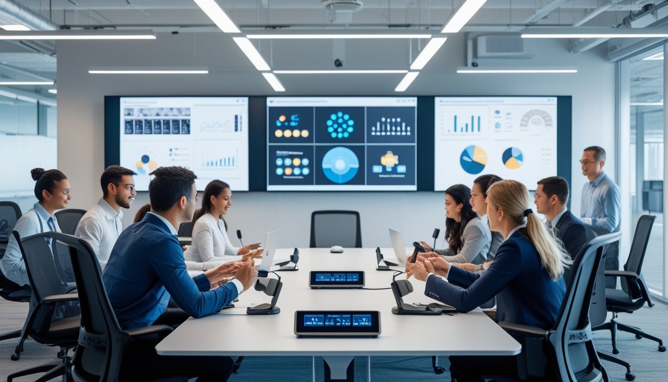 Sekelompok karyawan bekerja bersama di ruang rapat modern dengan teknologi audiovisual canggih yang mendukung produktivitas.