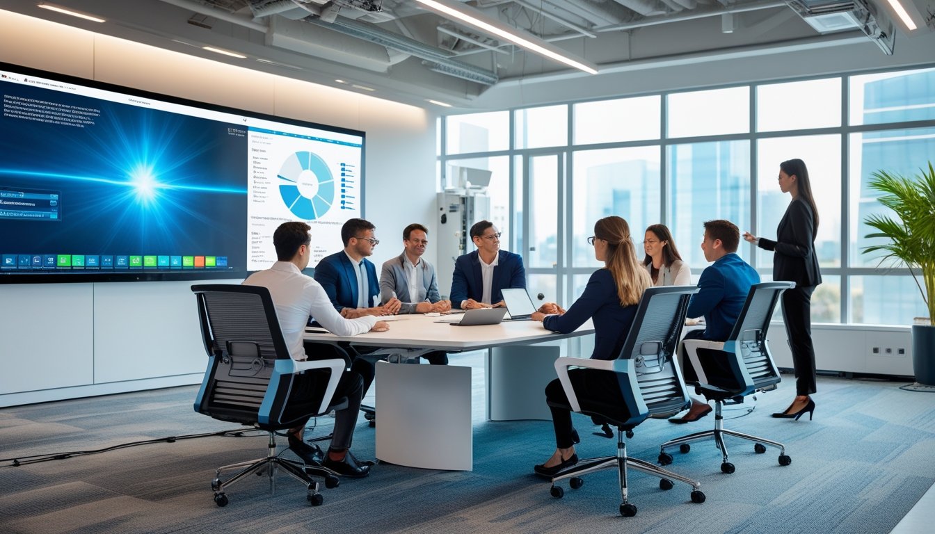 Karyawan sedang berdiskusi di ruang konferensi modern dengan layar interaktif dan perangkat teknologi canggih.