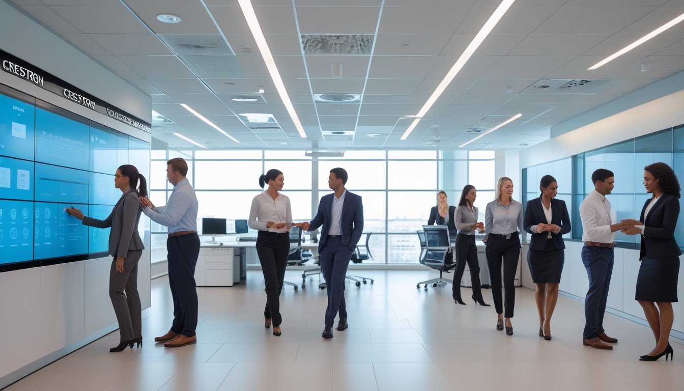 Beberapa profesional bisnis bekerja sama di kantor modern dengan teknologi AV canggih dari Crestron, menunjukkan suasana kerja yang produktif.