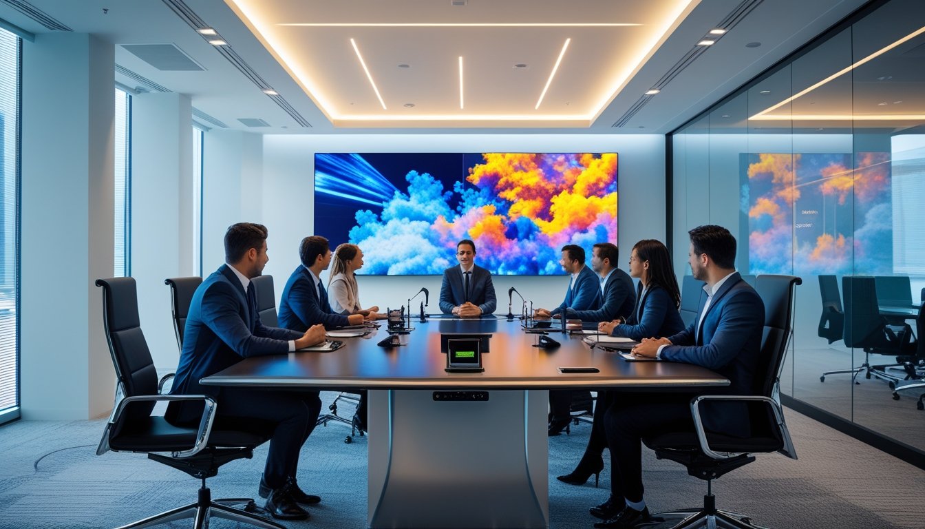 Ruang konferensi kantor modern dengan teknologi audiovisual canggih dan beberapa profesional sedang berdiskusi di sekitar meja rapat.
