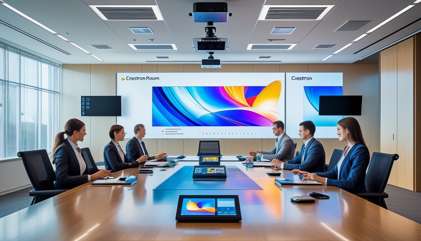 Ruang kantor modern dengan layar besar, panel kontrol Crestron, dan pekerja yang sedang rapat menggunakan teknologi canggih.