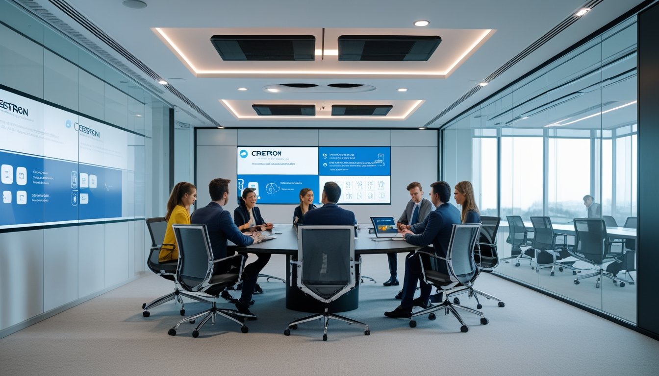 Ruang kantor modern dengan peralatan audiovisual canggih dan tim profesional yang sedang rapat.