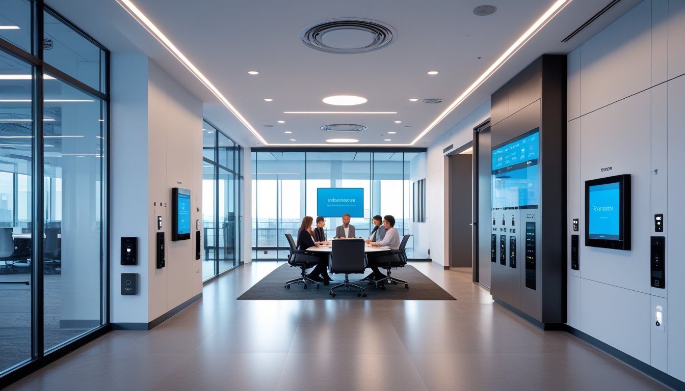 Interior kantor modern dengan teknologi pintar Crestron yang terintegrasi, menampilkan ruang kerja kolaboratif dan perangkat kontrol otomatis.