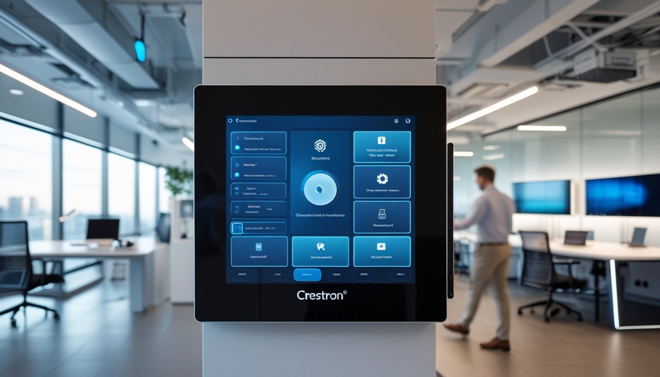 Interior kantor modern dengan panel kontrol teknologi AV yang canggih dan seseorang menggunakan layar sentuh di ruang kerja.