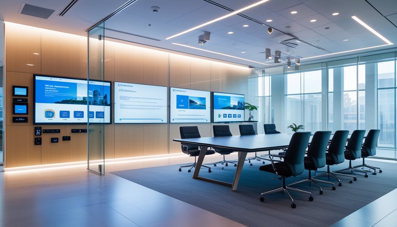 Ruang kantor modern dengan sistem kontrol AV cerdas dan layar besar, menampilkan desain interior yang rapi dan profesional.