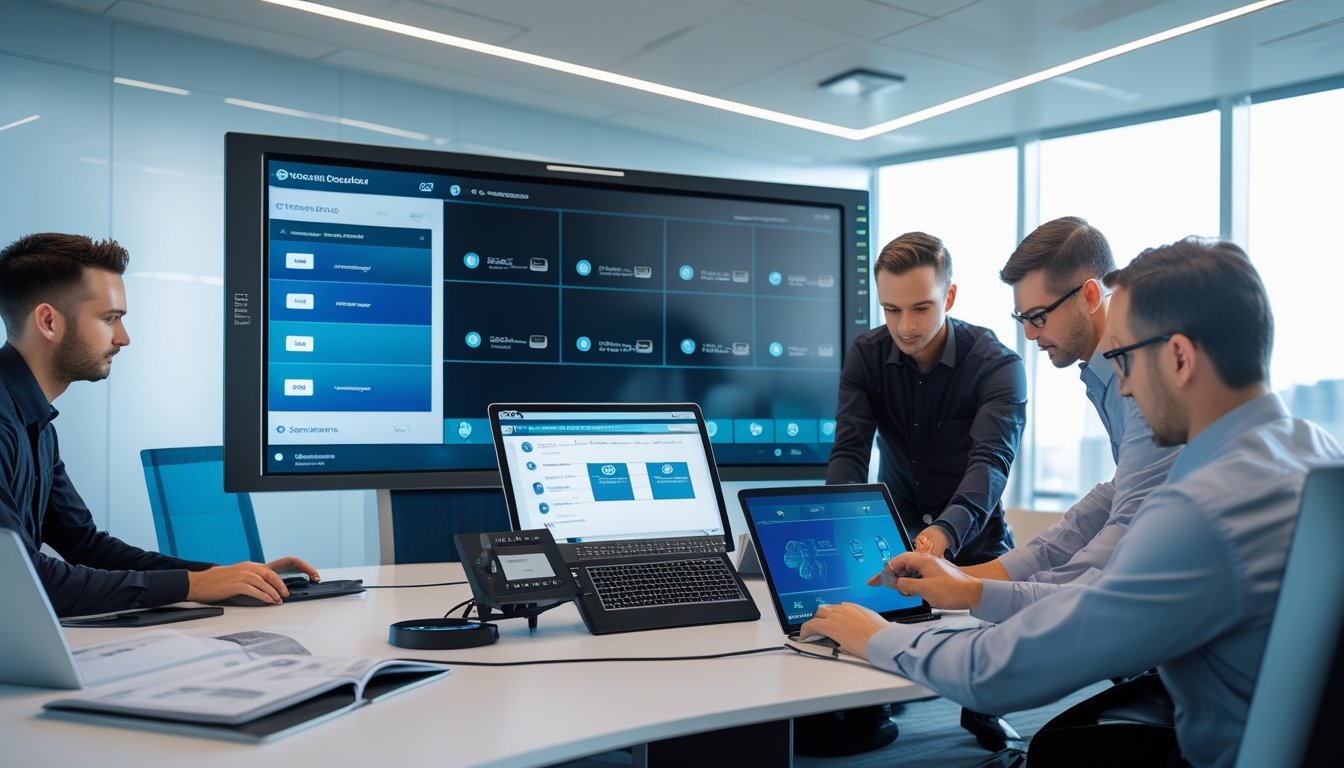 Beberapa teknisi sedang menyesuaikan sistem AV di ruang konferensi perusahaan menggunakan perangkat teknologi modern.