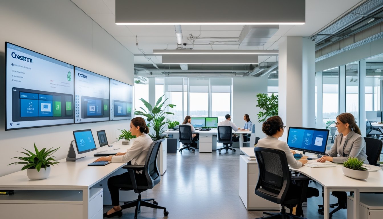 Interior kantor modern dengan perangkat teknologi pintar Crestron, karyawan bekerja bersama di ruang yang terang dan ramah lingkungan.