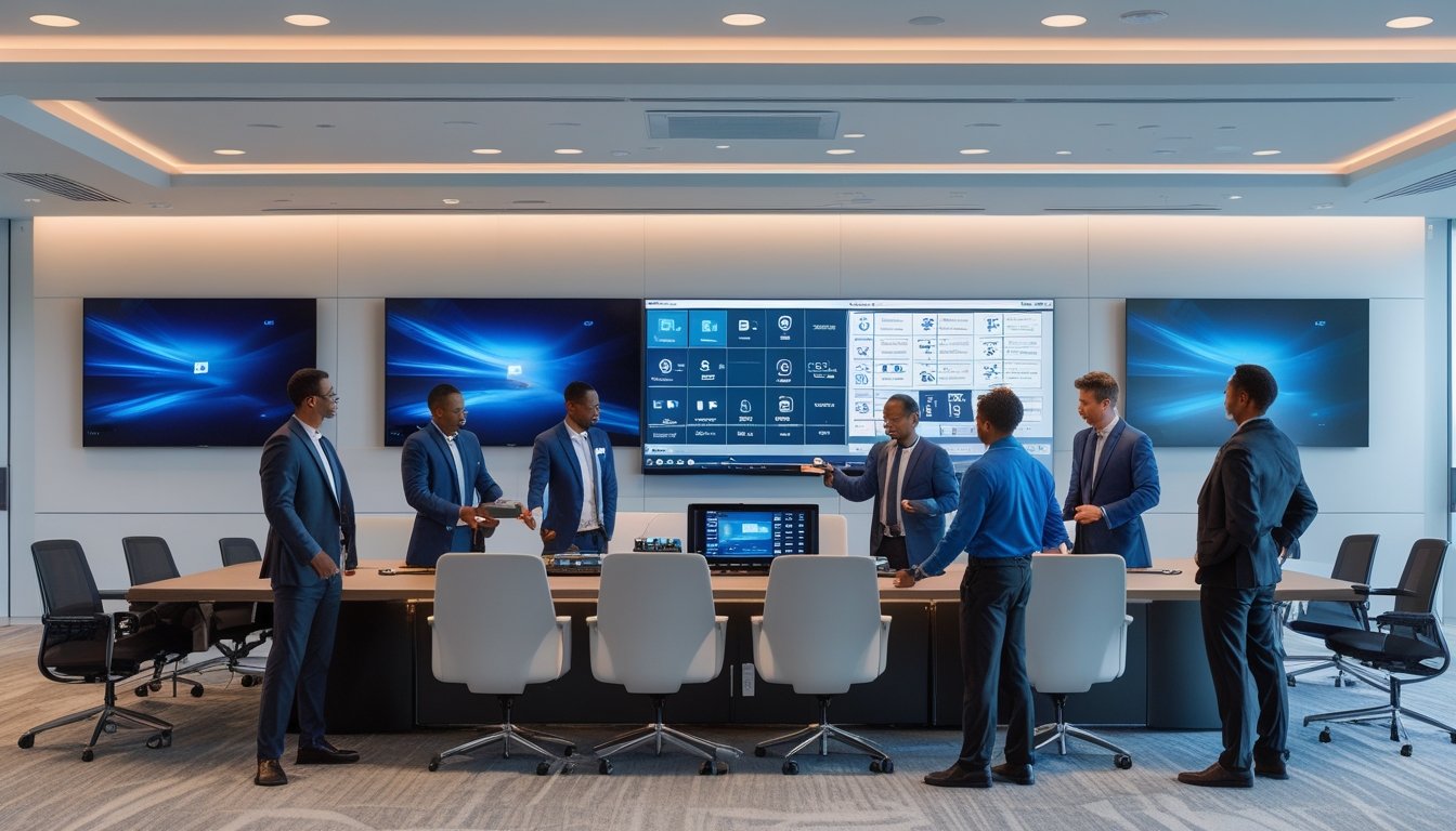 Tim profesional sedang menyesuaikan sistem AV korporat dengan teknologi Crestron di ruang konferensi kantor.