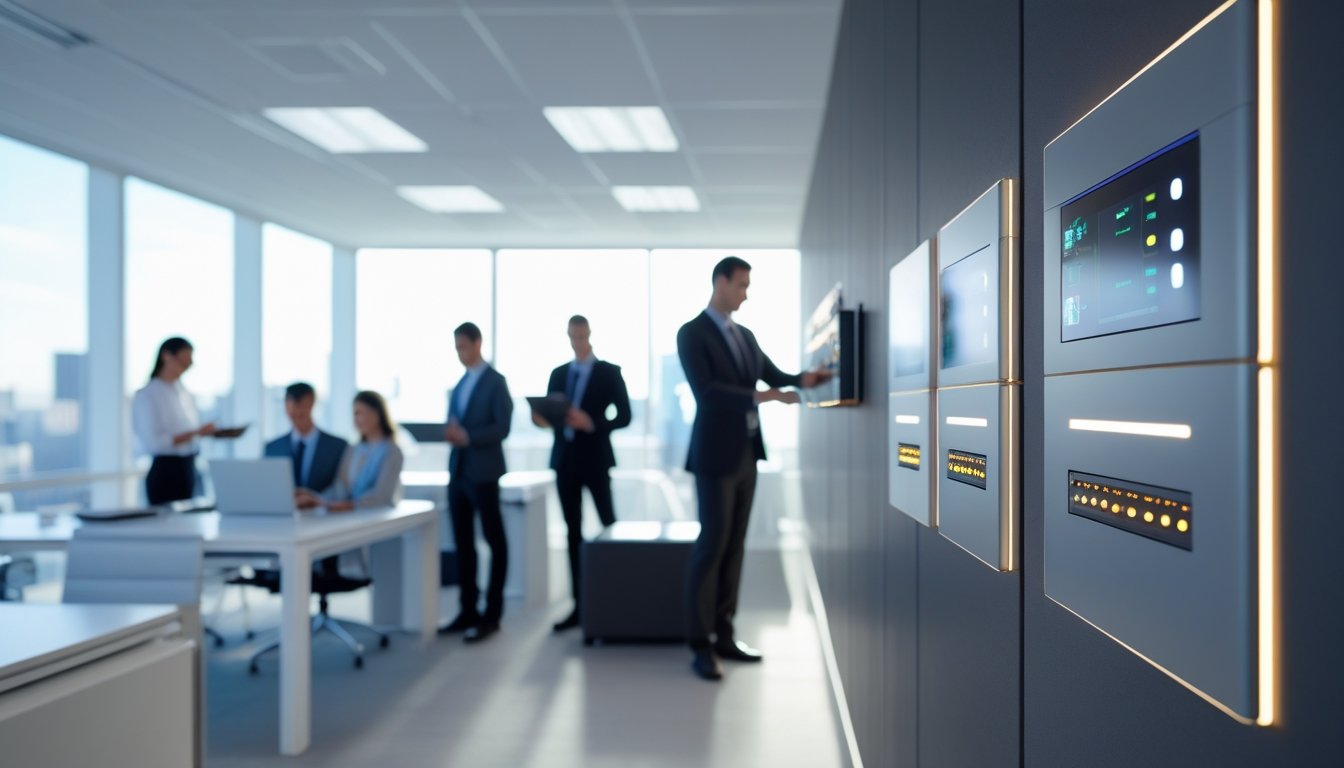 Interior kantor modern dengan sistem kontrol AV cerdas yang terpasang, menampilkan panel kontrol Crestron dan profesional yang sedang menggunakan perangkat teknologi.