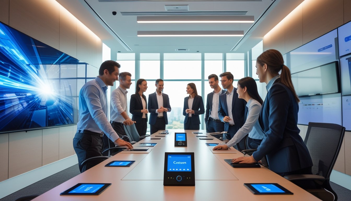 Ruang konferensi modern dengan peralatan audio visual canggih dan beberapa profesional bisnis yang sedang berdiskusi.