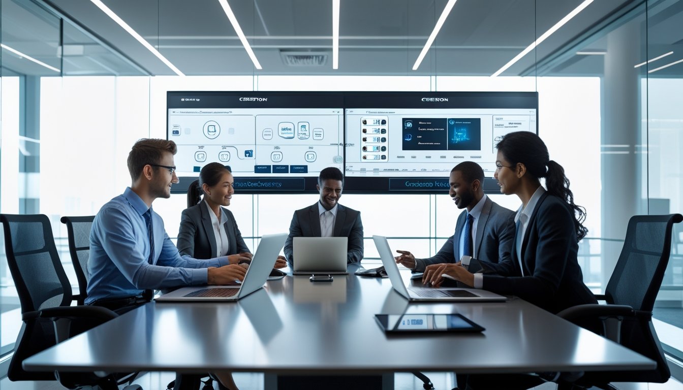 Sekelompok profesional bisnis sedang bekerja sama di ruang konferensi modern dengan perangkat teknologi canggih yang terintegrasi.