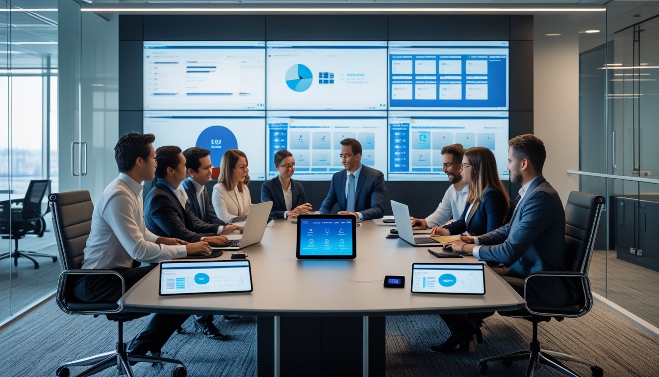 Sekelompok profesional bekerja sama di ruang kantor modern dengan perangkat teknologi canggih dan layar digital.