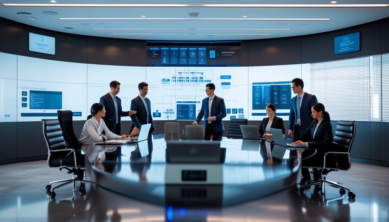 Ruang konferensi modern dengan profesional bisnis yang bekerja sama menggunakan perangkat teknologi canggih dan sistem kontrol otomatis.