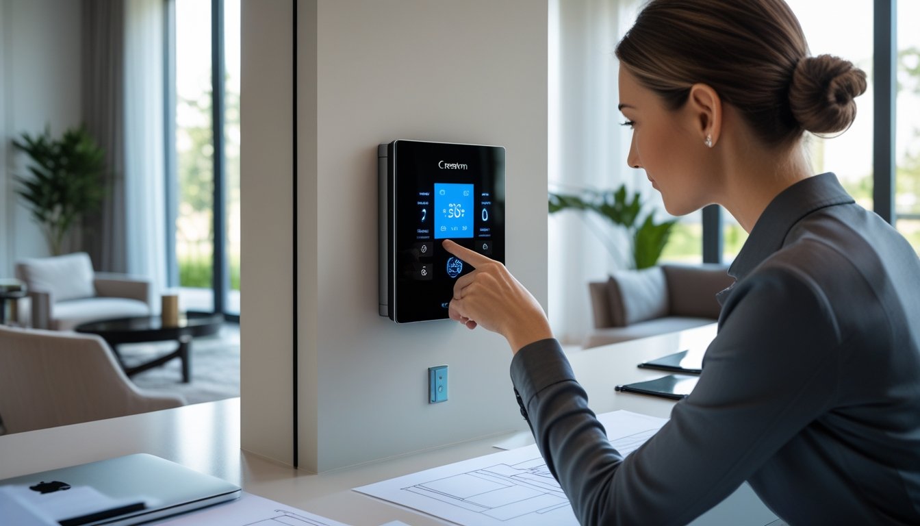 Seorang desainer interior sedang bekerja di ruang tamu modern dengan panel kontrol rumah pintar di dinding, dikelilingi perabotan elegan dan meja dengan laptop serta sketsa desain.