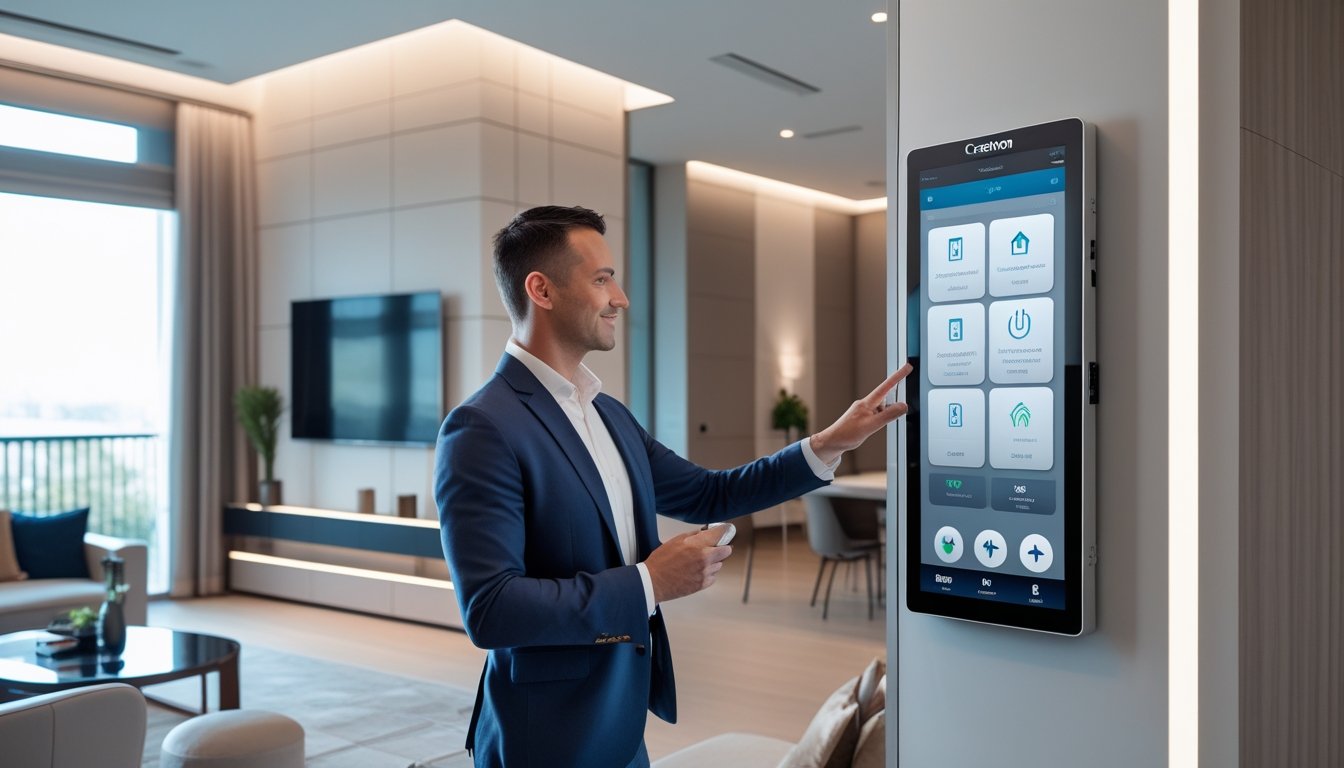 Seorang desainer interior sedang menggunakan panel kontrol layar sentuh di ruang tamu modern yang dilengkapi dengan perangkat teknologi rumah pintar.