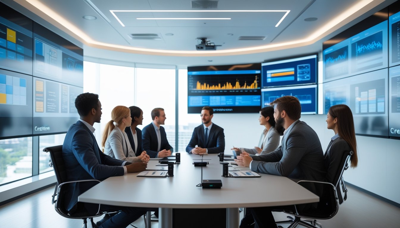 Ruang rapat korporat modern dengan profesional yang berdiskusi di sekitar meja konferensi, layar besar menampilkan presentasi, dan perangkat AV terintegrasi.