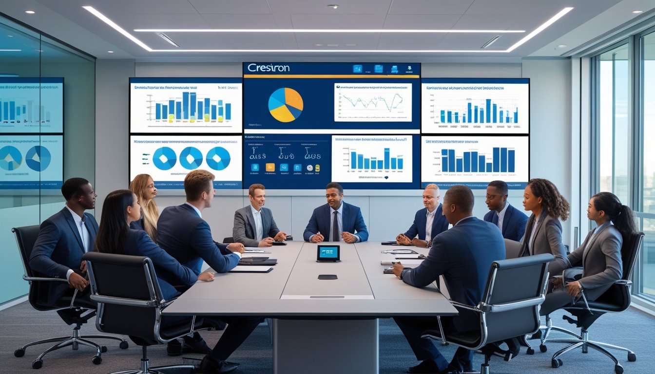 Sekelompok profesional bisnis sedang berdiskusi di ruang rapat modern dengan teknologi audio visual canggih yang terintegrasi.