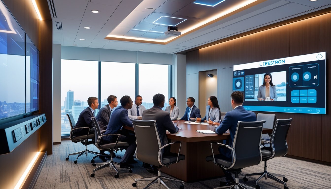 Ruang konferensi kantor modern dengan profesional yang menggunakan panel kontrol audiovisual dan menonton presentasi video di layar besar.