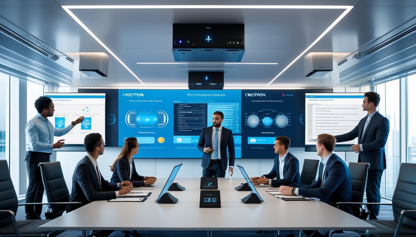 Ruang konferensi modern dengan teknologi audiovisual Crestron yang terintegrasi, menampilkan para profesional bisnis yang sedang berdiskusi dan menggunakan perangkat AV dalam lingkungan korporat.
