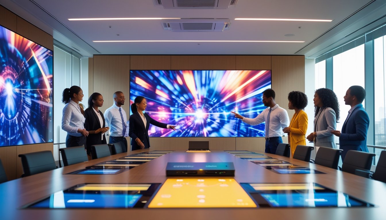 Sekelompok karyawan sedang menggunakan teknologi audiovisual modern di ruang konferensi kantor.