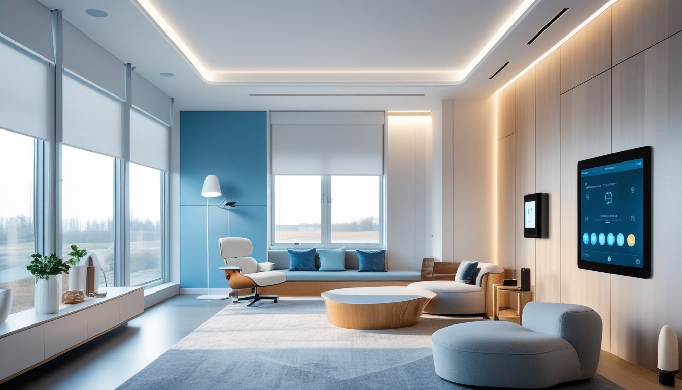 Ruang interior modern dengan teknologi pintar yang terintegrasi, menampilkan perabot ergonomis dan pencahayaan alami.