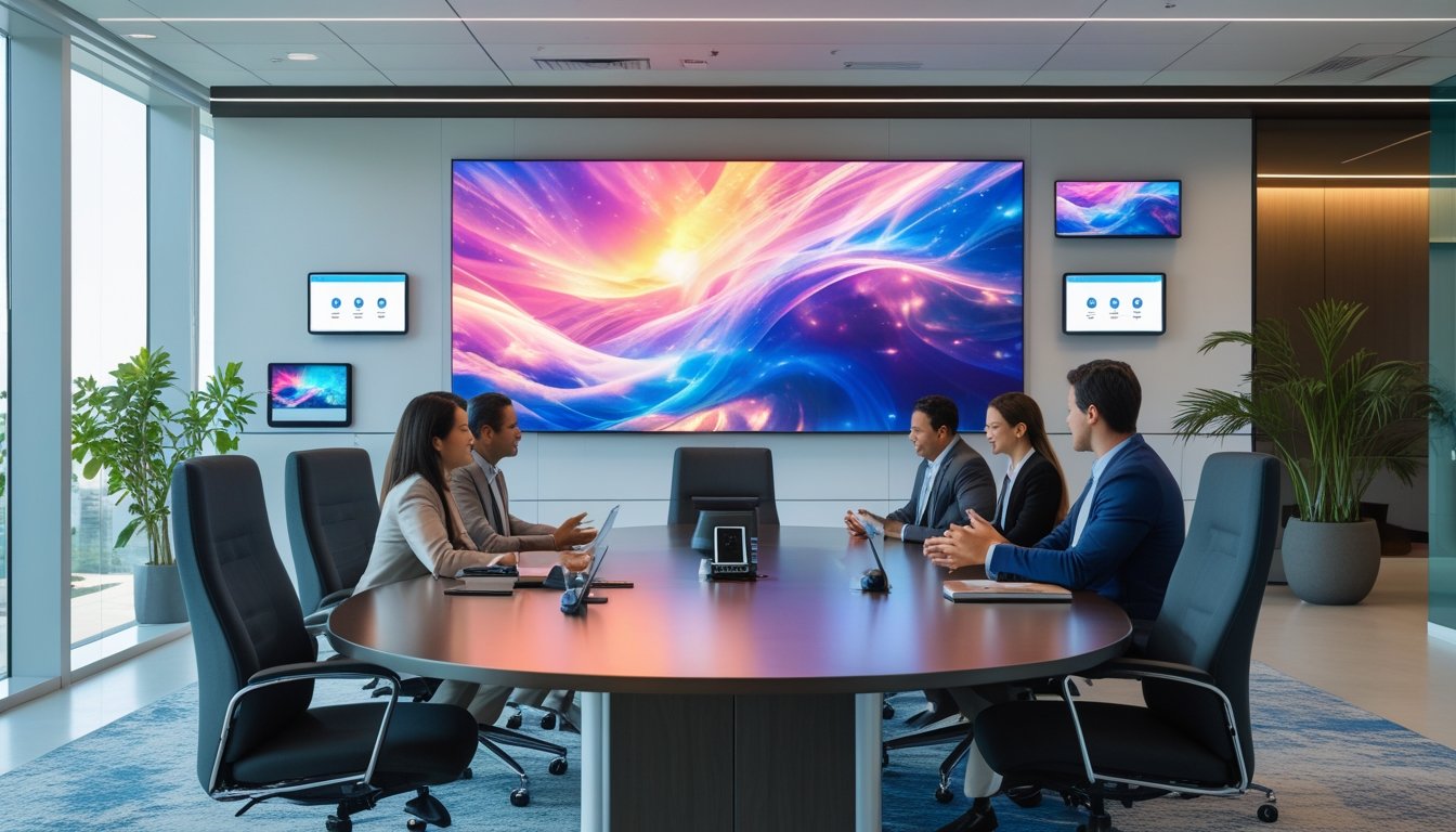Ruang konferensi kantor modern dengan layar besar dan teknologi kontrol canggih, beberapa profesional sedang berdiskusi.
