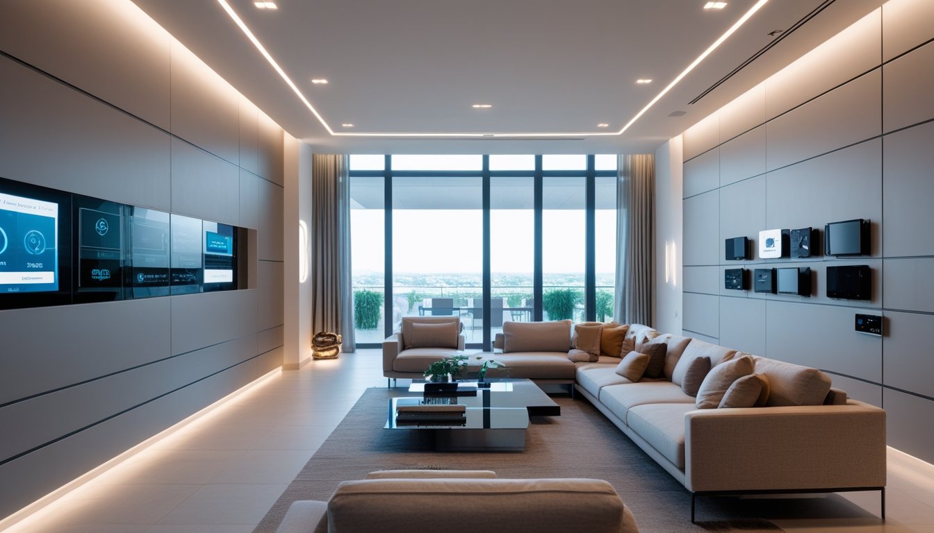Ruang tamu modern dengan teknologi rumah pintar yang terintegrasi, menampilkan panel sentuh, pencahayaan otomatis, dan perabotan minimalis.