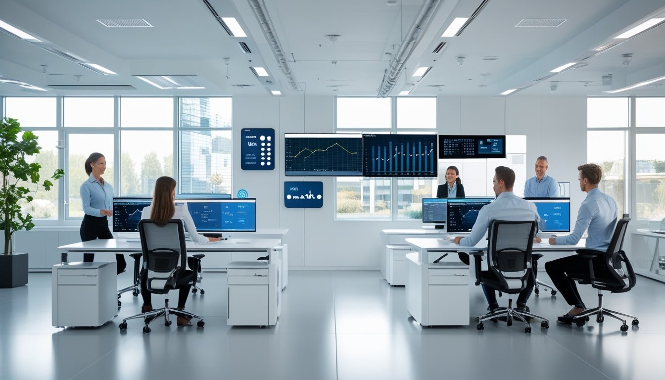 Suasana kantor modern dengan teknologi pintar, menampilkan profesional yang bekerja menggunakan perangkat digital dan peralatan otomatis.