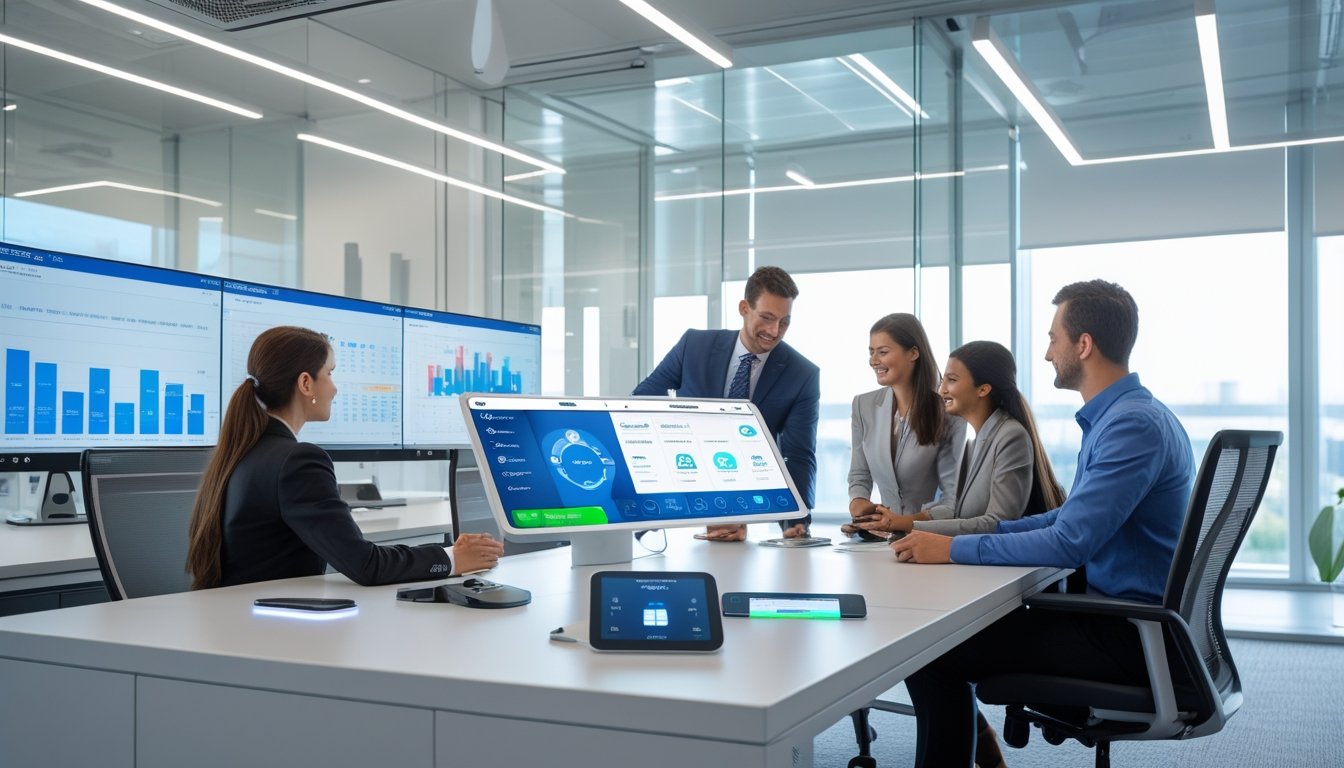 Suasana kantor modern dengan beberapa profesional yang sedang bekerja dan berkolaborasi menggunakan teknologi pintar di meja konferensi digital.