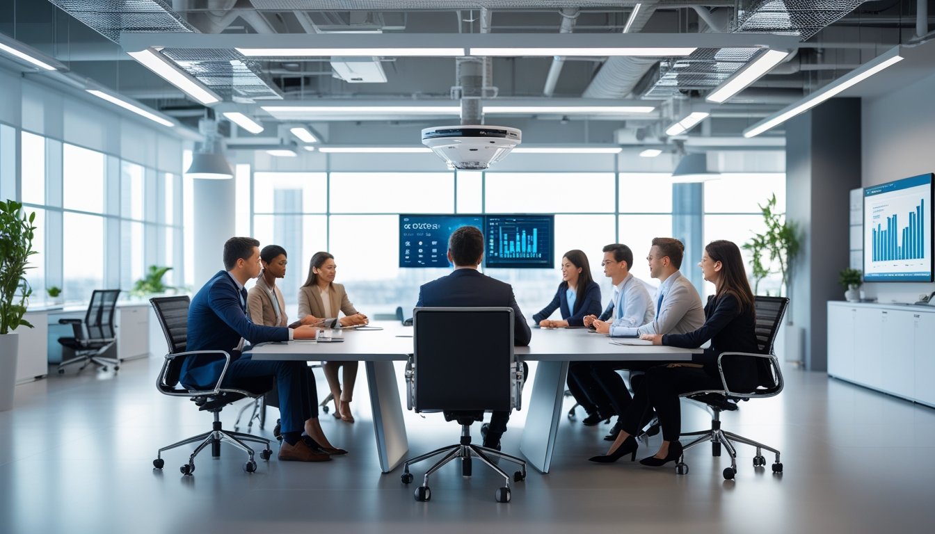 Sekelompok profesional bekerja sama di ruang kantor modern dengan perangkat teknologi canggih yang terintegrasi di meja konferensi.