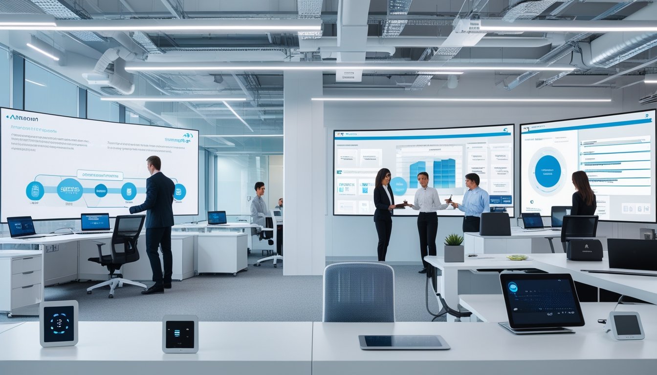 Suasana kantor modern dengan perangkat teknologi pintar dan beberapa orang bekerja sama menggunakan layar sentuh interaktif.