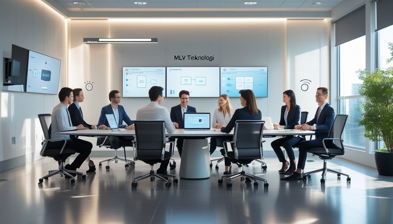 Ruang kantor modern dengan teknologi pintar, menampilkan beberapa profesional yang sedang bekerja bersama di sekitar meja konferensi.