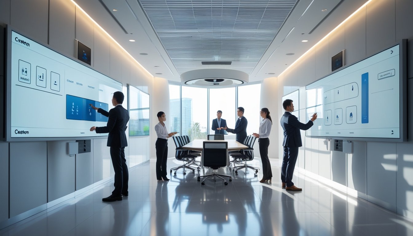 Ruang kantor modern dengan beberapa orang menggunakan perangkat teknologi canggih untuk mengontrol sistem di ruangan.