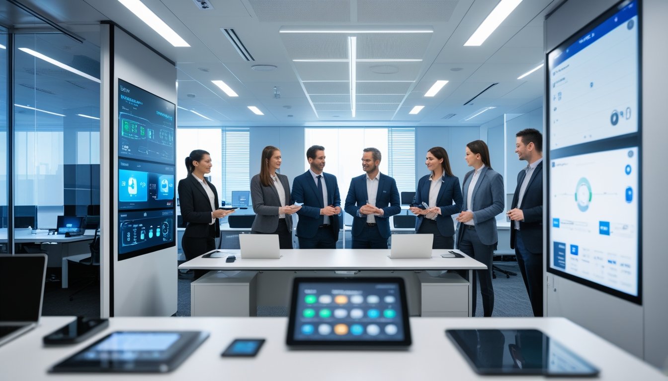 Sebuah kantor modern dengan profesional yang menggunakan perangkat teknologi pintar untuk mengatur ruang kerja dan presentasi.