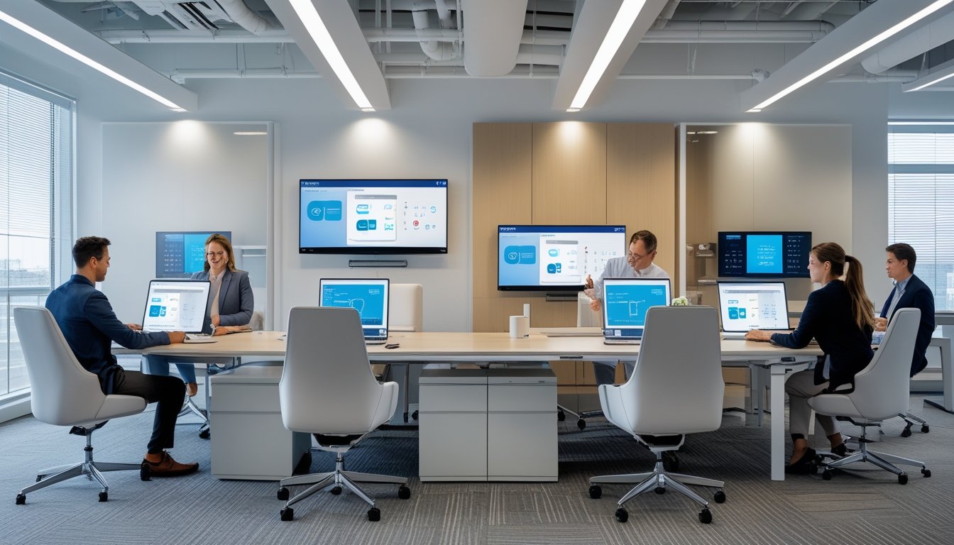 Suasana kantor modern dengan karyawan menggunakan perangkat teknologi pintar untuk bekerja bersama dalam lingkungan yang terang dan nyaman.