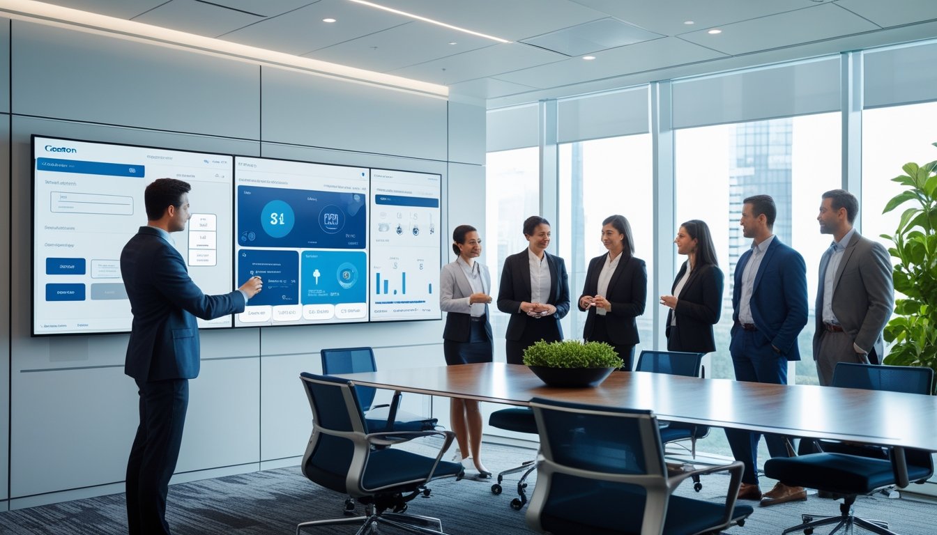 Ruang kantor modern dengan profesional yang menggunakan teknologi Crestron untuk mengendalikan sistem kantor secara total.