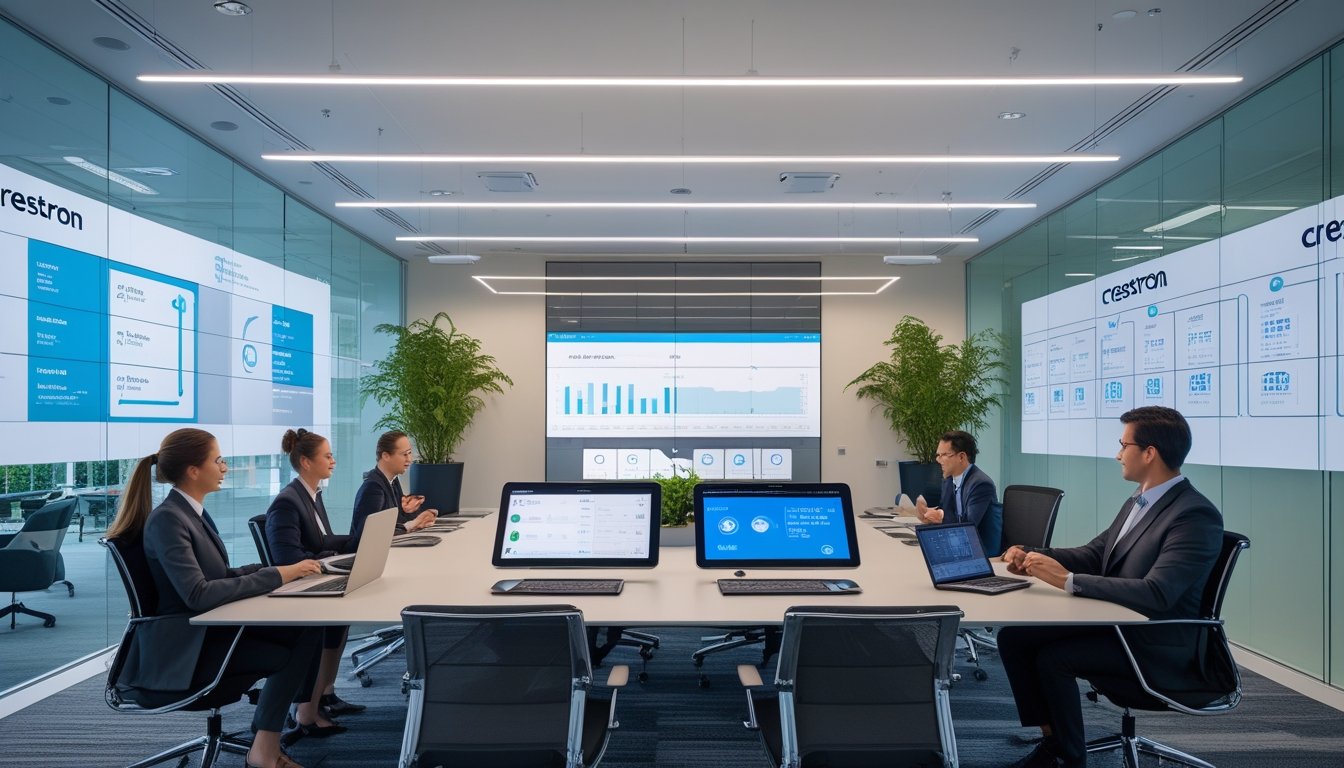 Ruang kantor modern dengan teknologi smart office, menampilkan layar sentuh interaktif, pencahayaan otomatis, dan beberapa orang bekerja bersama menggunakan perangkat digital.