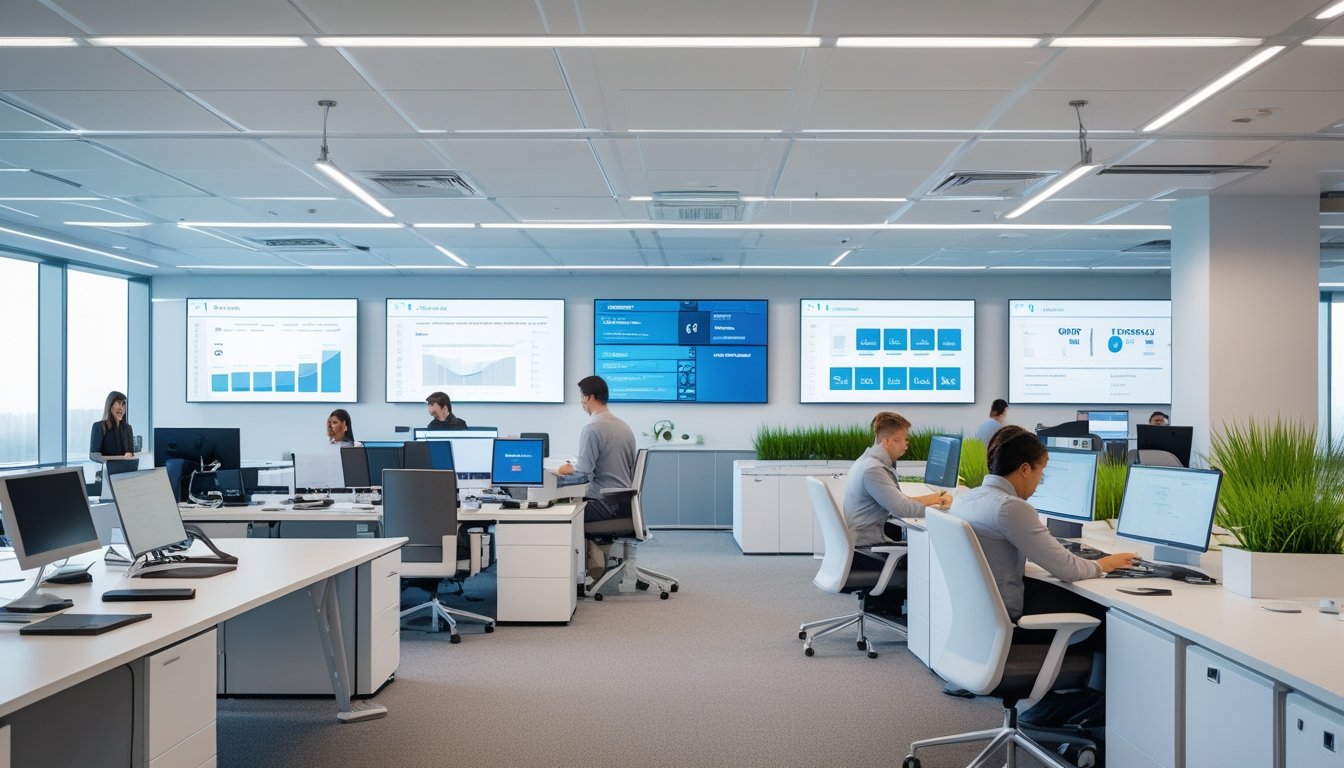 Suasana kantor modern dengan teknologi pintar yang terintegrasi, menampilkan karyawan yang bekerja dengan perangkat canggih di ruang kerja terang dan tertata rapi.